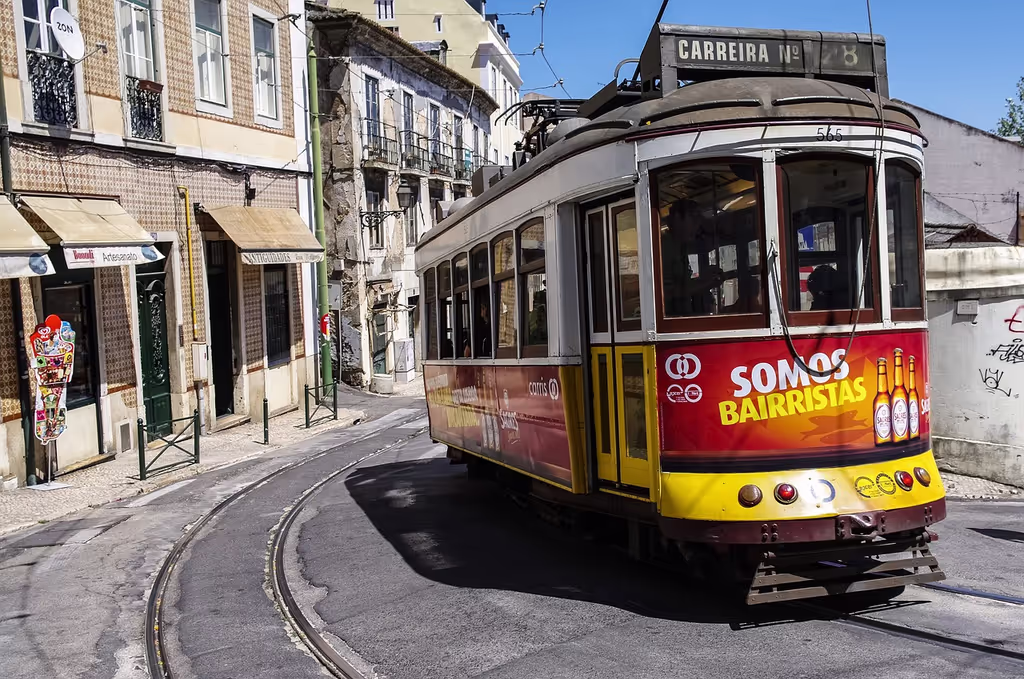 Tram 28 driving through Lisbon