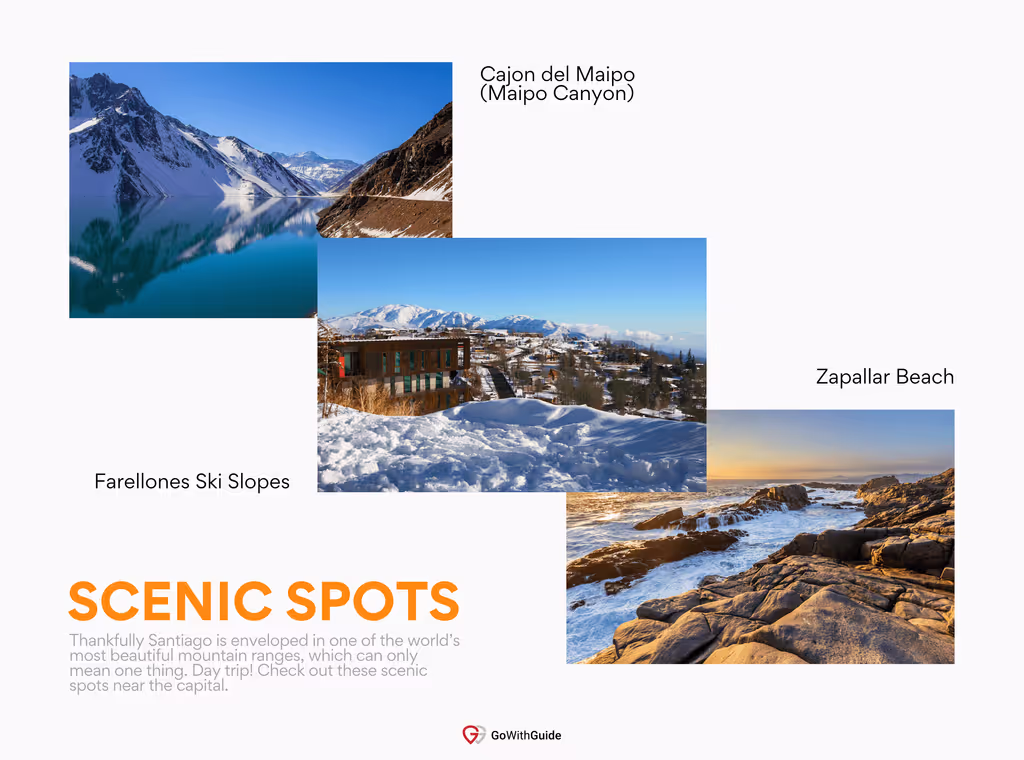 Scenic Landscapes In Santiago de Chile with Images Of Maipo Canyon, Zapallar Beac &amp; Farellones Slopes
