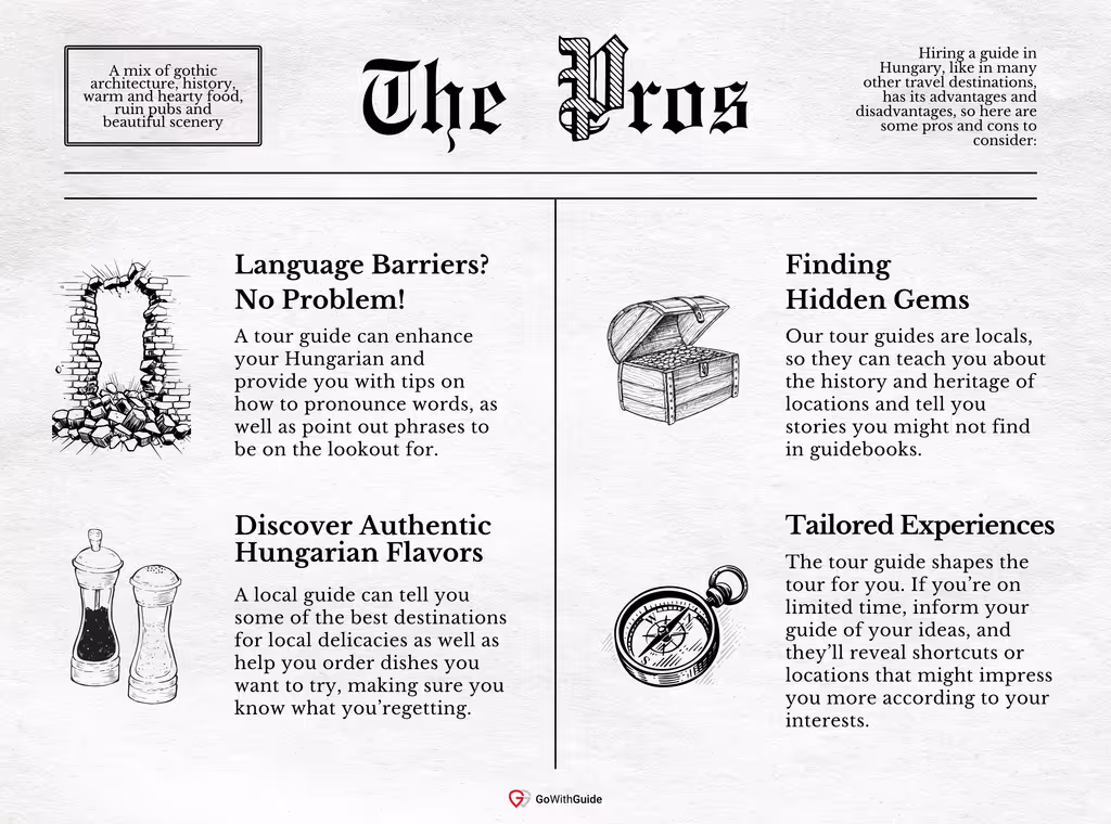 a graphic detailing the benefits of hiring a tour guide in an old newspaper theme/style. 