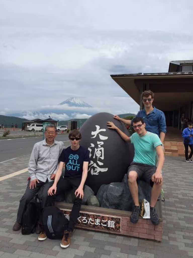Kanagawa Private Tour - In Owakudani valley with the backdrop of Mt.Fuji, attending the youth group from Belgium.  