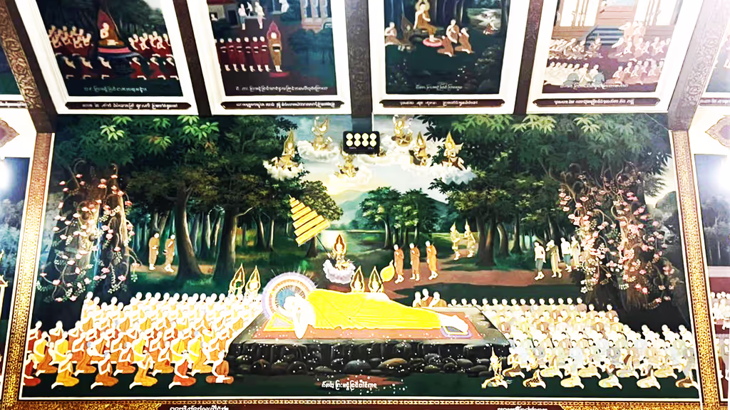 Siem Reap Private Tour - Buddha’s Parinirvana – a sacred mural depicting the moment of the Buddha’s passing into Nirvana, surrounded by disciples, celestial beings, and nature, symbolizing peace, enlightenment, and liberation from the cycle of rebirth.