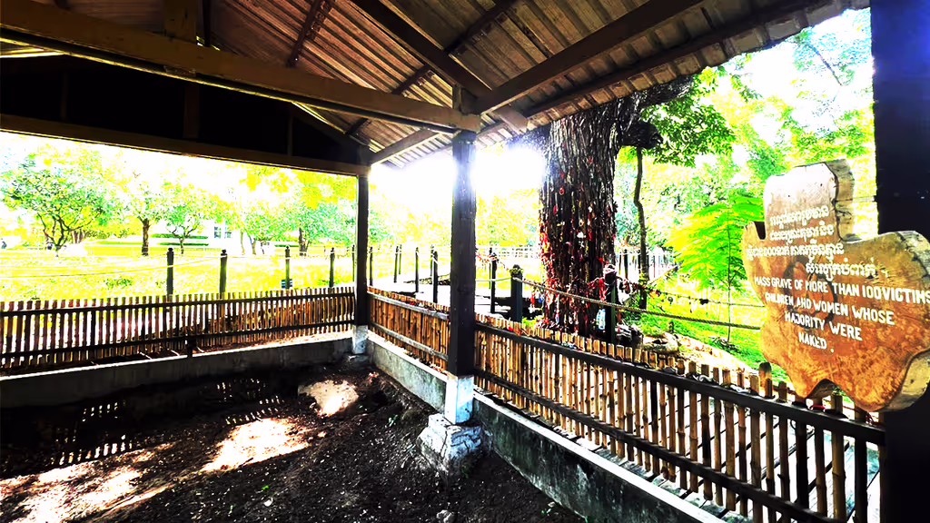 Siem Reap Private Tour - Mass grave site at Choeung Ek Killing Fields – a resting place for over 100 victims of the Khmer Rouge, including women and children, preserved as a somber reminder of Cambodia’s tragic history.