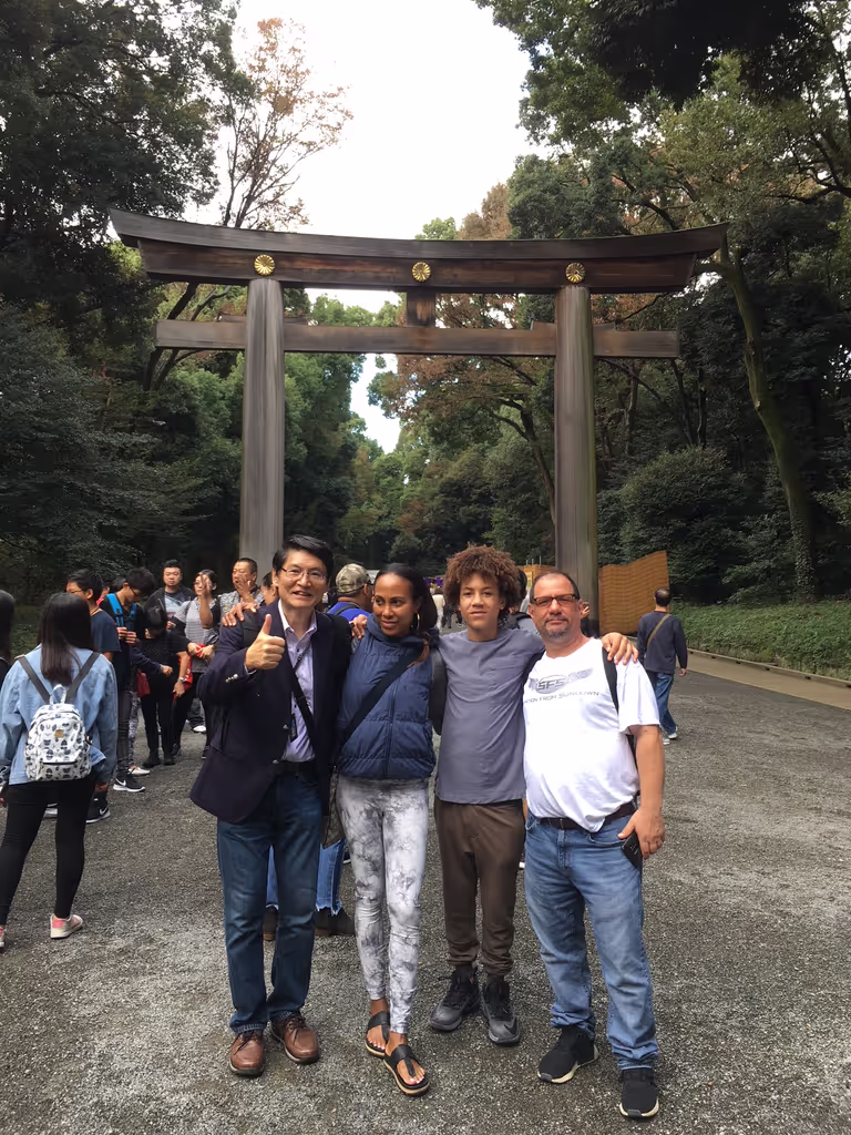 Chiba Private Tour - My guests from the U.S.A. in front of  Torii-gate of Meiji-Jingu Shrine