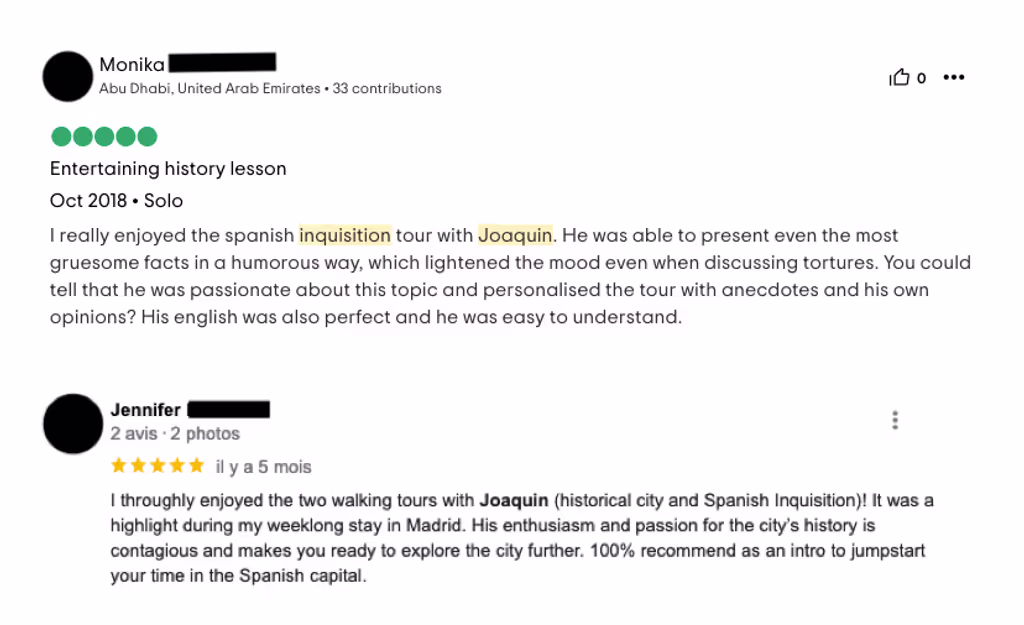 Madrid Private Tour - Reviews from previous Inquisition tours.