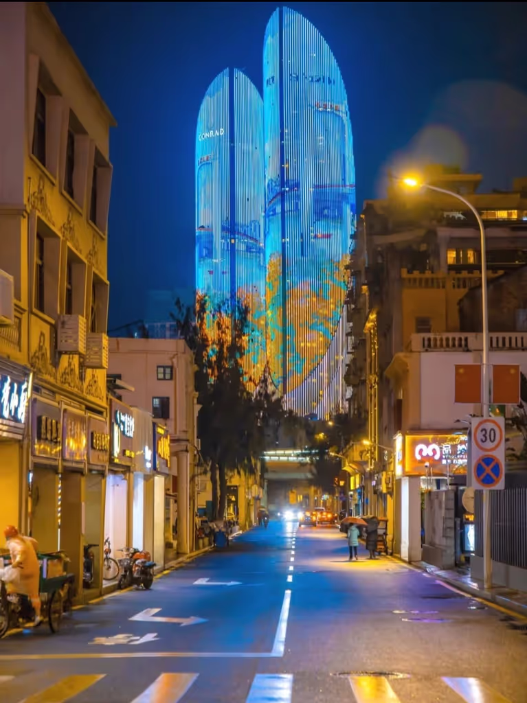 Xiamen Private Tour - The Twin Towers glowing in the evening