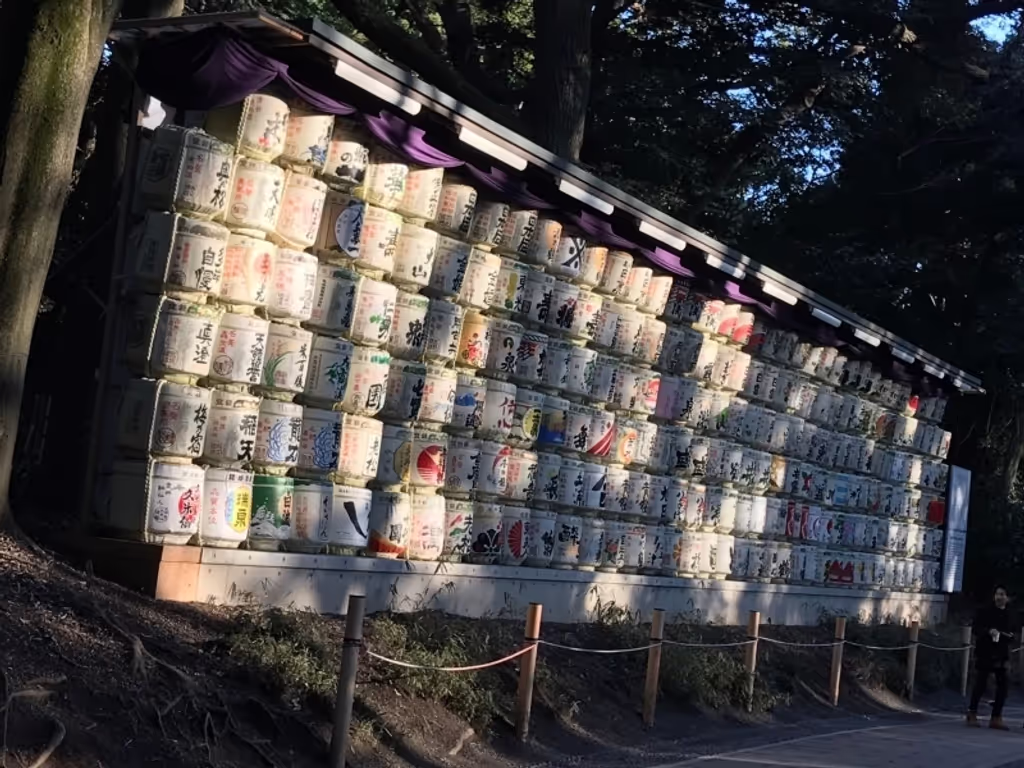 Tokyo Private Tour - Sake barrels at Meiji Shinto shrine . They use a lot of sake at Shinto rituals