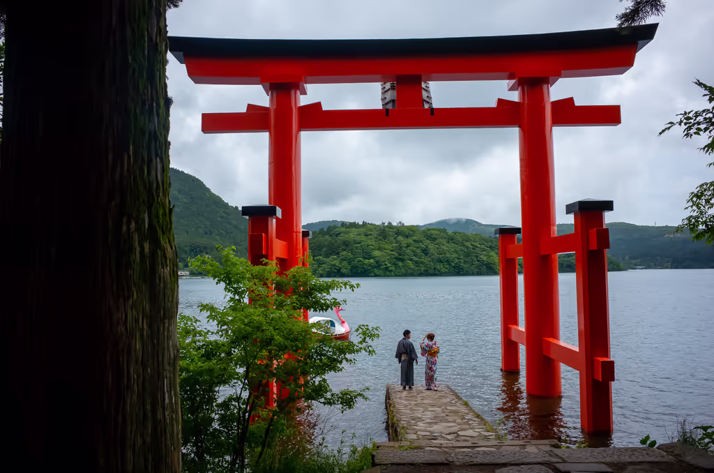 Hakone Private Tour - Hakone Shrine has been a protector of Hakone. Its Torii Gate on the lake shore.