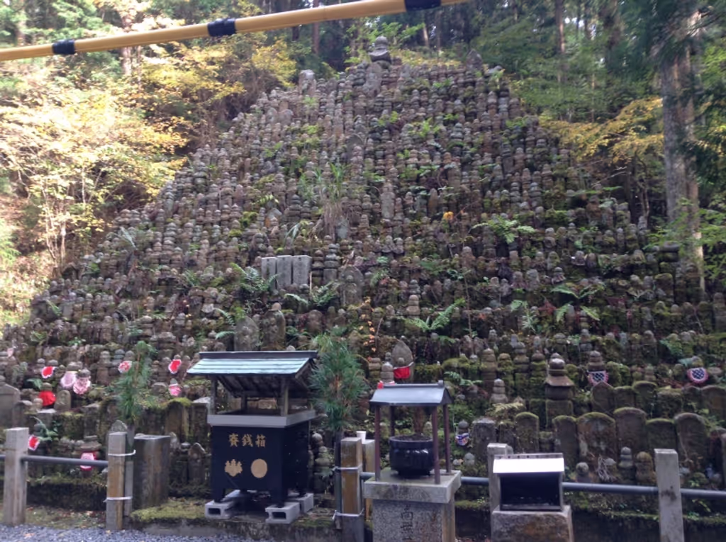 Osaka Private Tour - This picture shows a pyramid made of buddha statues of someone with no relatives to mourn their death. Commoners can not build thier tomb here. So a lot of people put a small a buddha statue beside the trail. And they are gathered here.