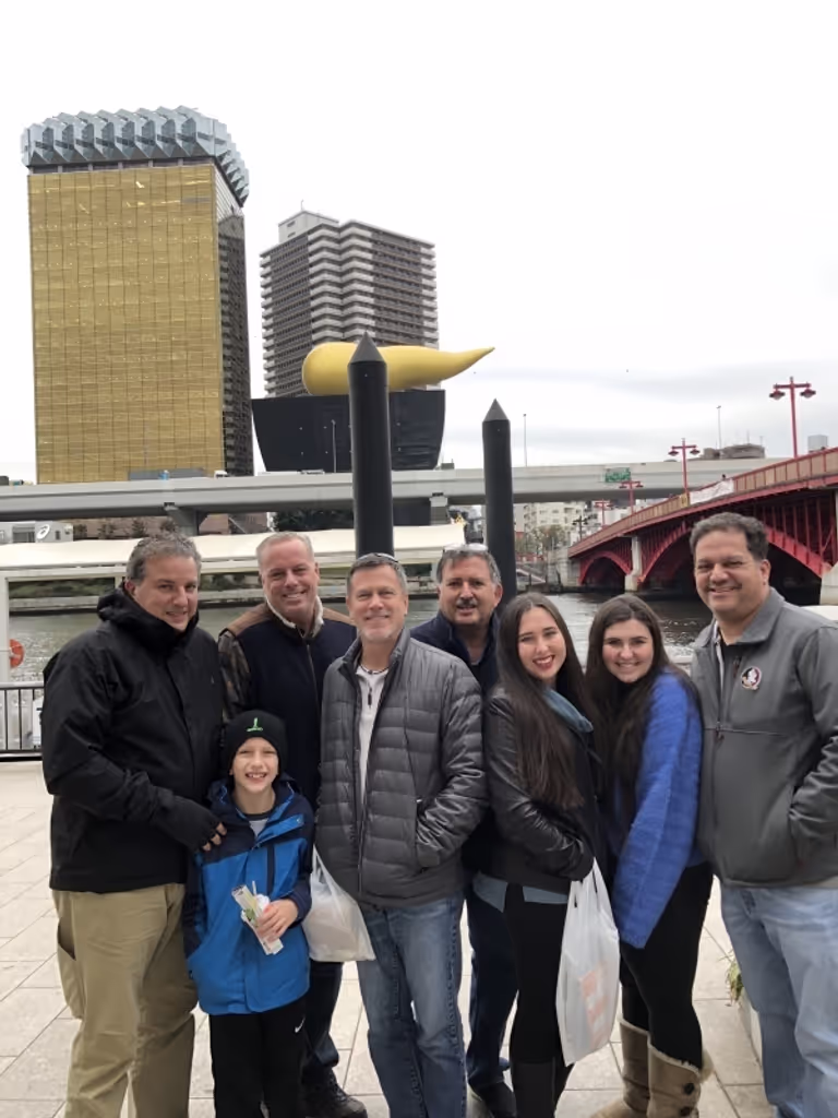 Tokyo Private Tour - Lovely guests from Florida in front of Asahi Beer Company's Head Office Building in Asakusa area