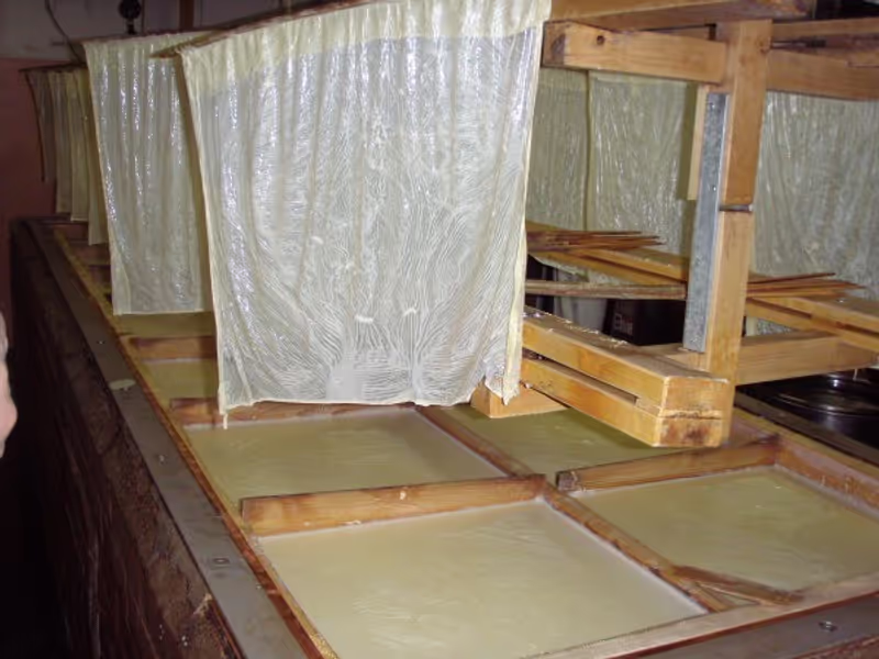 Kyoto Private Tour - The process of makig Yuba, the healthiest, protein-rich Japanese food. After the beans soaked overnight, they are ground into a paste and boiled in a large kettle. The resulting porridge is strained through finely woven cloth and separated into yuba soup and okara( bean curd). The yuba soup is transferred to a flat pan and boiled. The solid film which forms on the simmering soup is then carefully scooped up. This is Yuba.