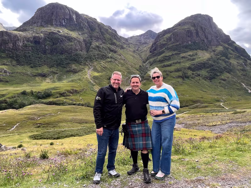 Edinburgh Private Tour - Guests and me in front of The Three Sisters, Glencoe