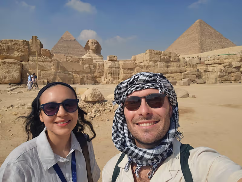 Giza Private Tour - with David in front of Sphinx and the pyramids.