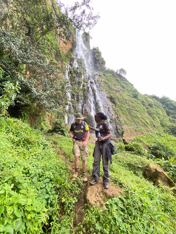 Mbale Private Tour - Visitors standing in front of Wanale Falls