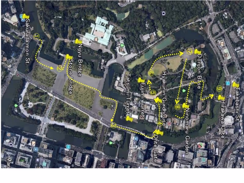 Tokyo Private Tour - The route of the tour, you can see the views of each numbered spot in the following pictures.