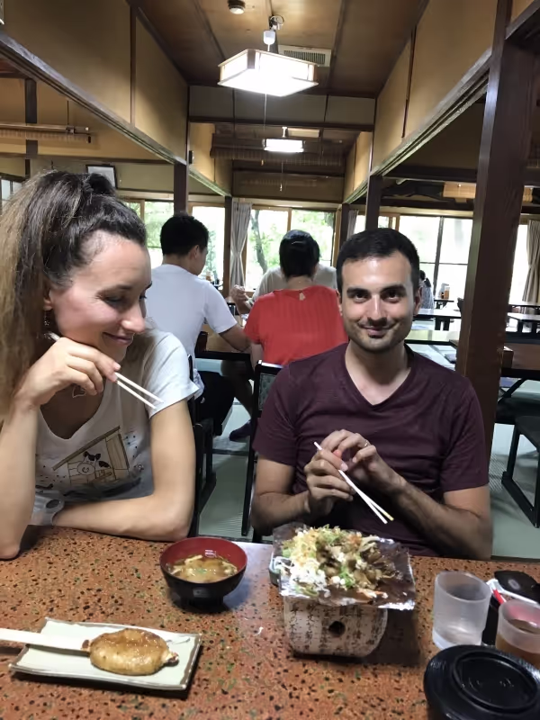 Gifu Private Tour - Guests are enjoying eating lunch; Hoobamiso, Goheimoch and Miso-soup.