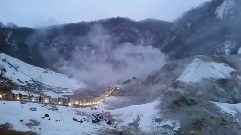 Sapporo Private Tour - Jigokudani (Hell Valley): 
It is a volcanic caldera created by the eruption of Mt. Hiyoriyama, and is the largest hot spring source in Noboribetu Onsen. Due to strong rotten egg-like sulfur smell of boiling sulfur from various holes in this valley, it is known as Hell Valley. Moreover, the tourists can also enjoy the bath in uncountable water hot spring in this area.
