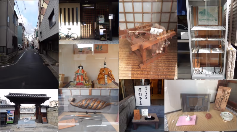 Kyoto Private Tour - From upper left to right, Bukkouji street, Lacquer Ware shop, Japanese braid shop, Japanese cooking knife shop.
Middle, Japanese doll shop. 
From bottom left to right, Kyoto mumicipal Museum of School History, Japanese pipe shop, incense shop, tea utensil shop.